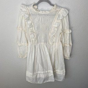 Urban Outfitters Boho Peasant Eyelet Mini Dress Ruffle Front 3/4 Sleeves M